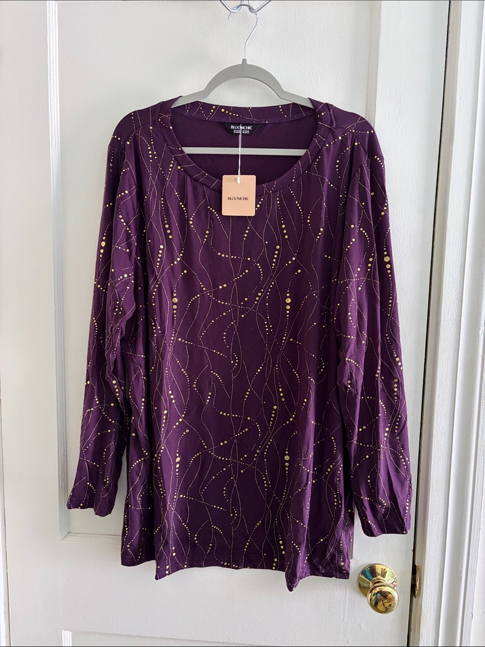 BloomChic Purple Long Sleeve Blouse with Gold Dot Accents